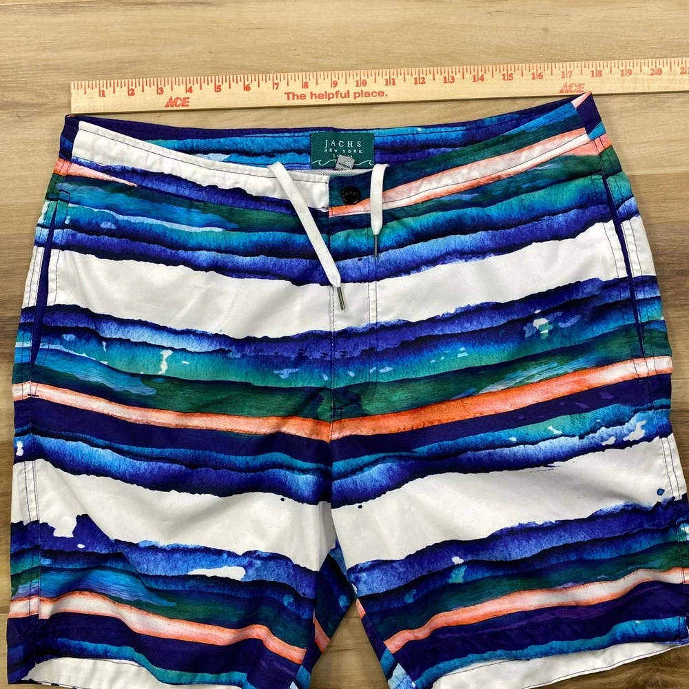 Jachs NY Swim Trunks Mens L Watercolor Stripe Board Shorts Mesh Lined Blue Multi